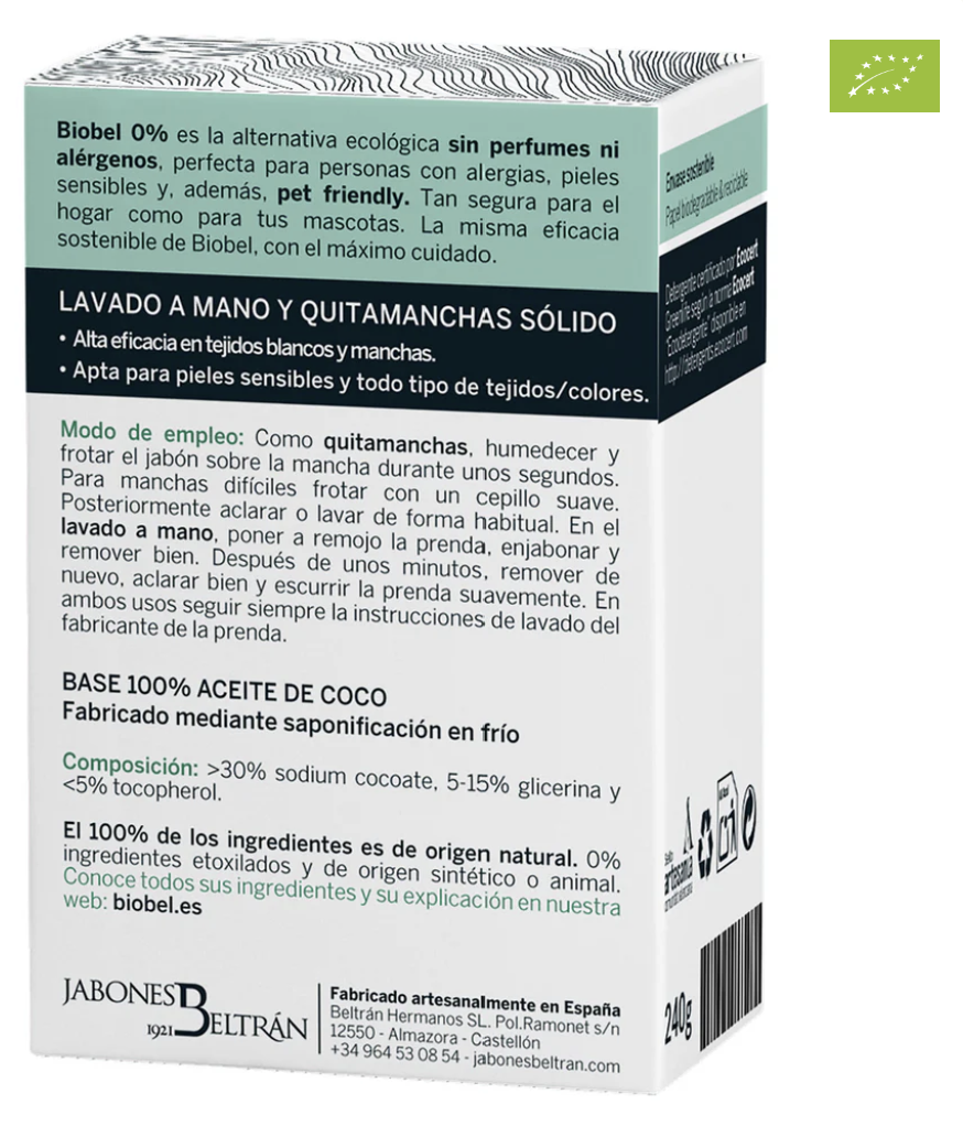 Jabón pastilla coco Biobel 0% 240g