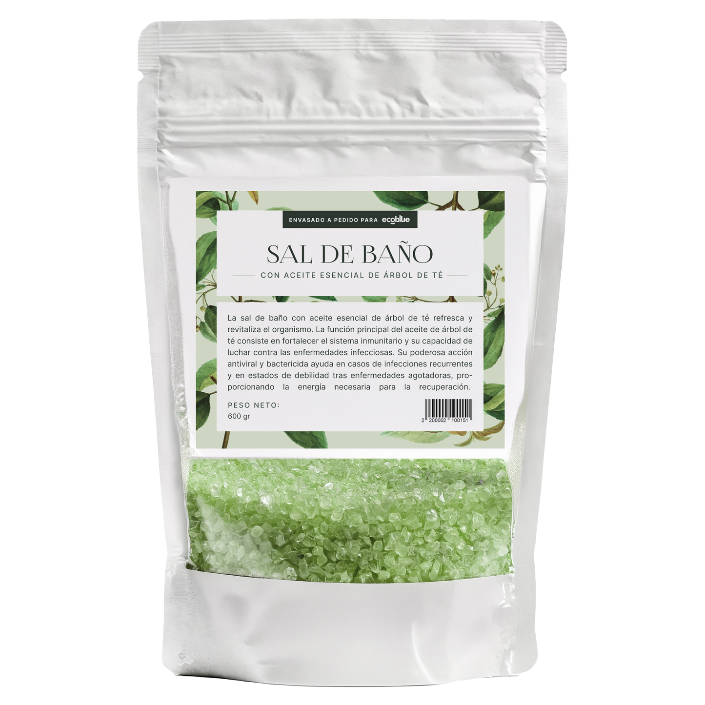 Sal de baño con aceite esencial de árbol de té