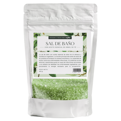 Sal de baño con aceite esencial de árbol de té