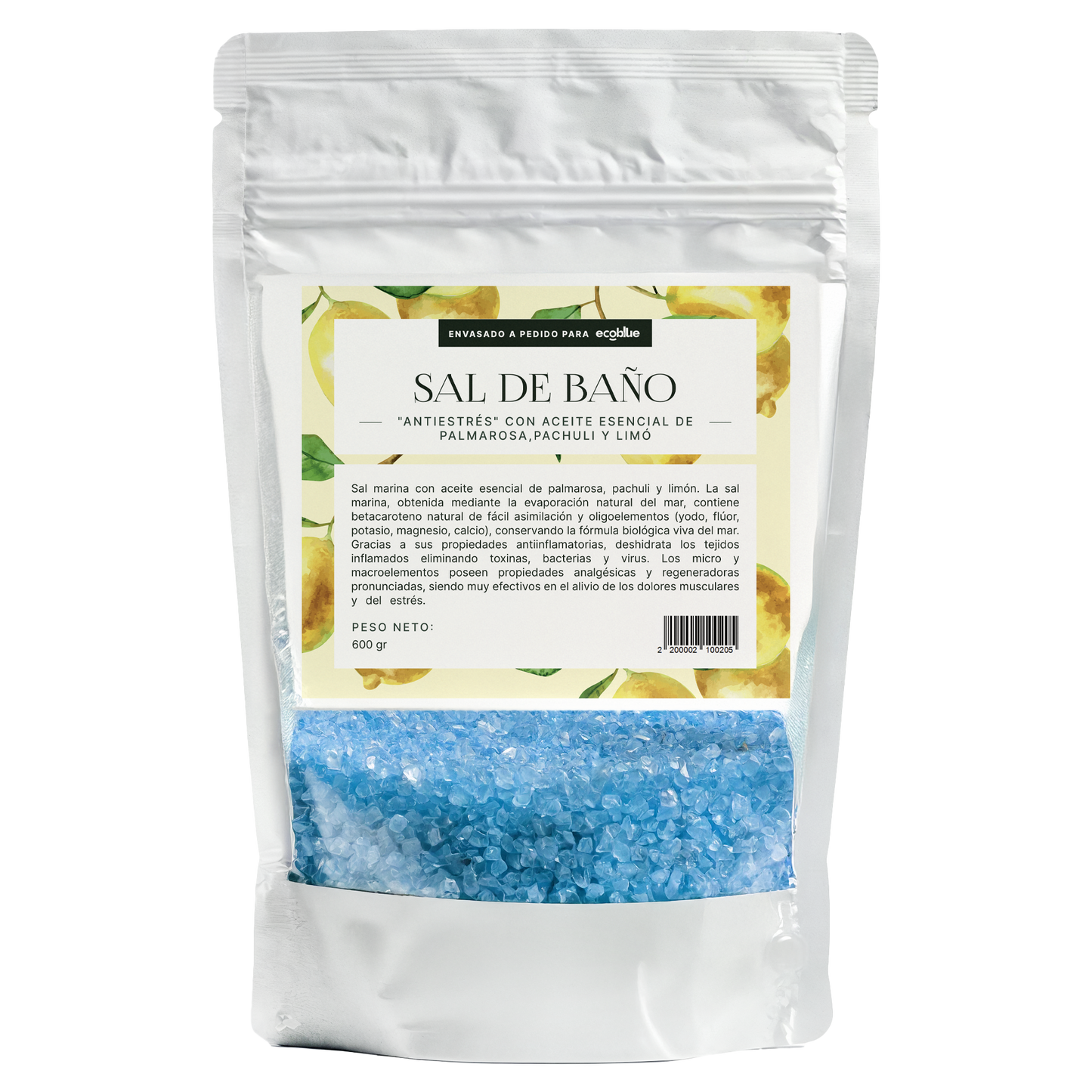 Sal de baño Antiestres con aceites esenciales de palmarosa, pachulí y limón