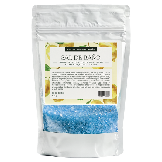 Sal de baño Antiestres con aceites esenciales de palmarosa, pachulí y limón